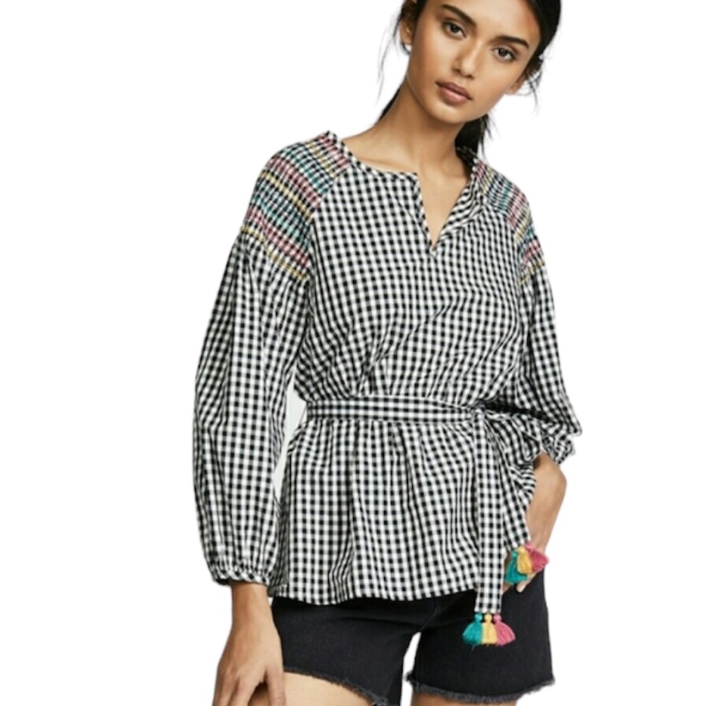 Madewell Smocked Gingham Long Sleeve V‎ Neck Top Size XXS